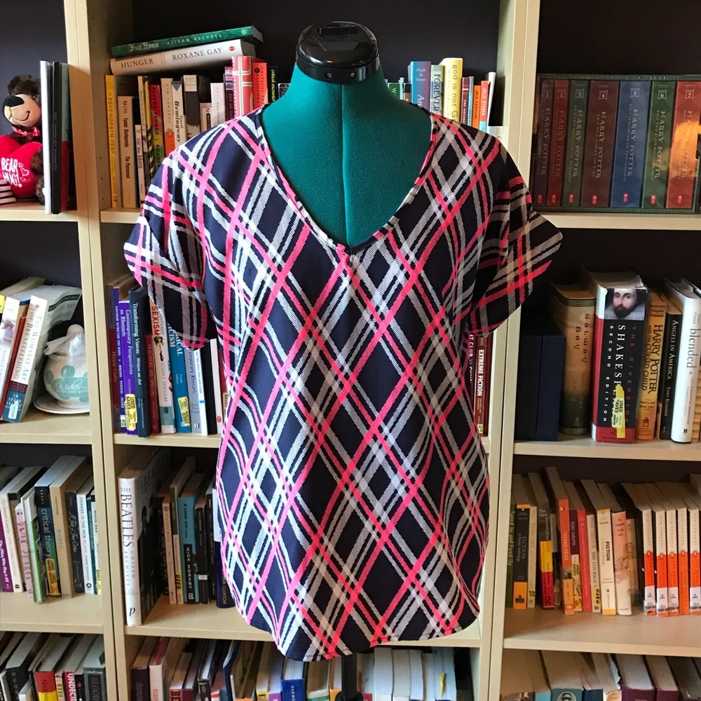 Navy and pink plaid v-neck top